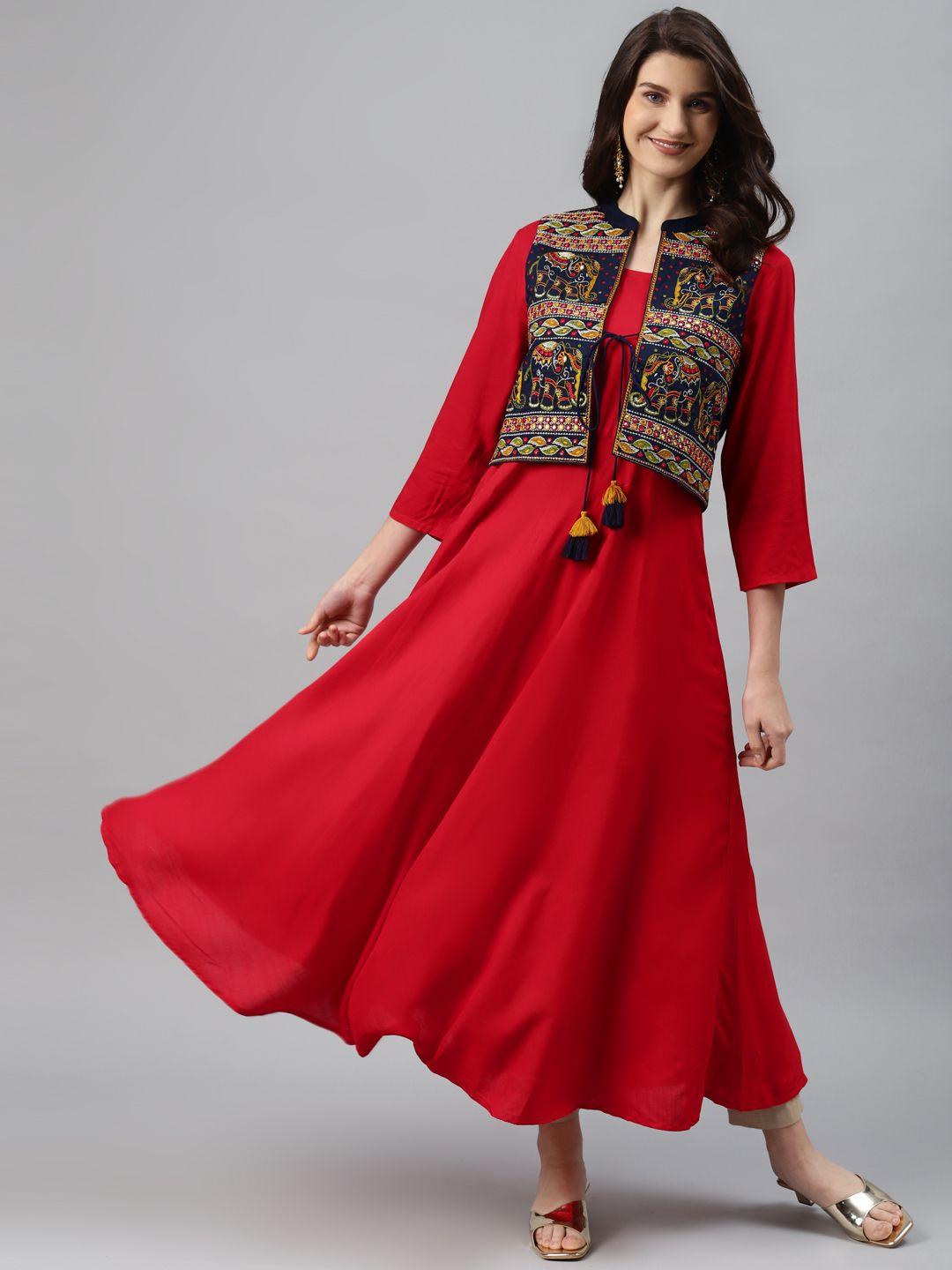 readiprint fashions women red solid a-line kurta with embroidered jacket