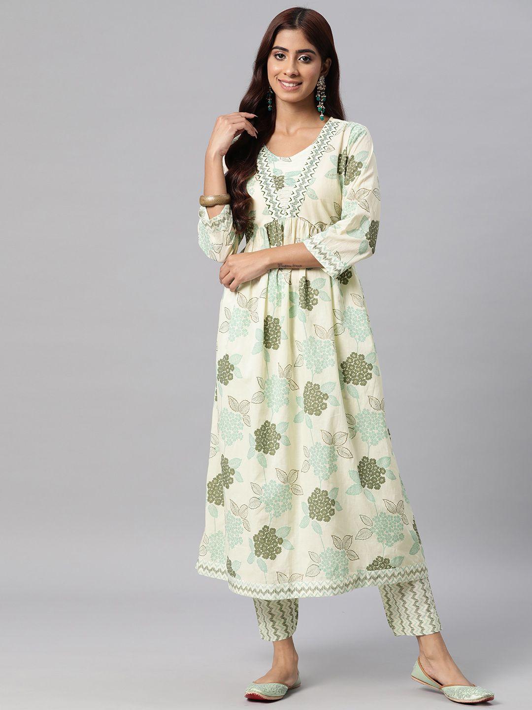 readiprint fashions women sea green floral printed regular sequinned pure cotton kurta with trousers