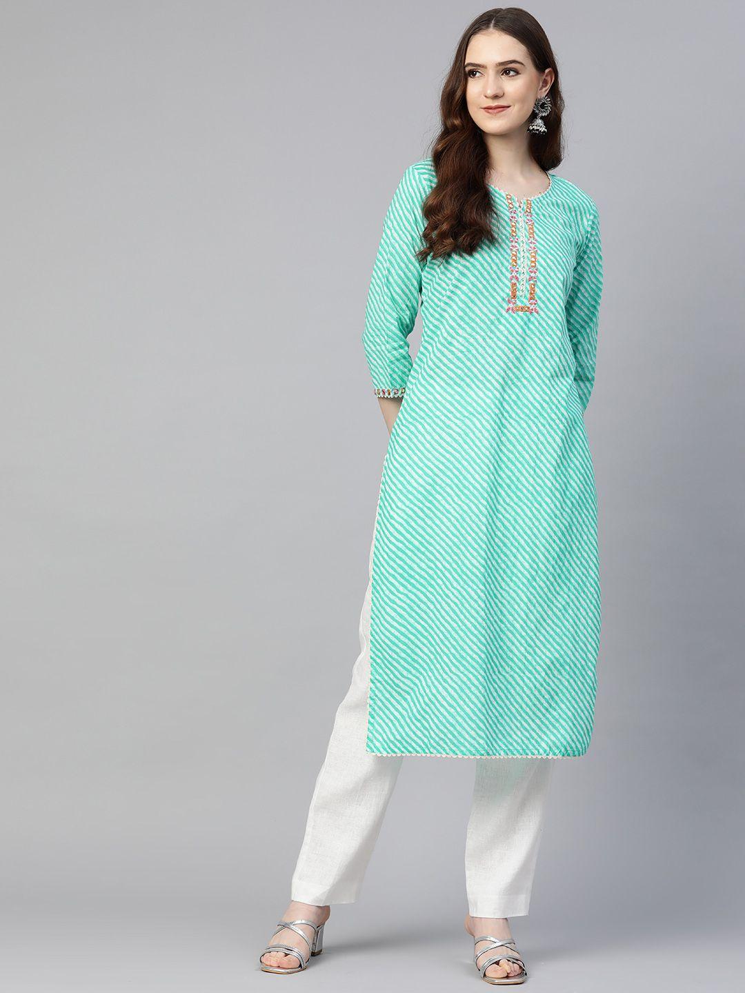 readiprint fashions women sea green pure cotton leheriya embroidered thread work kurta