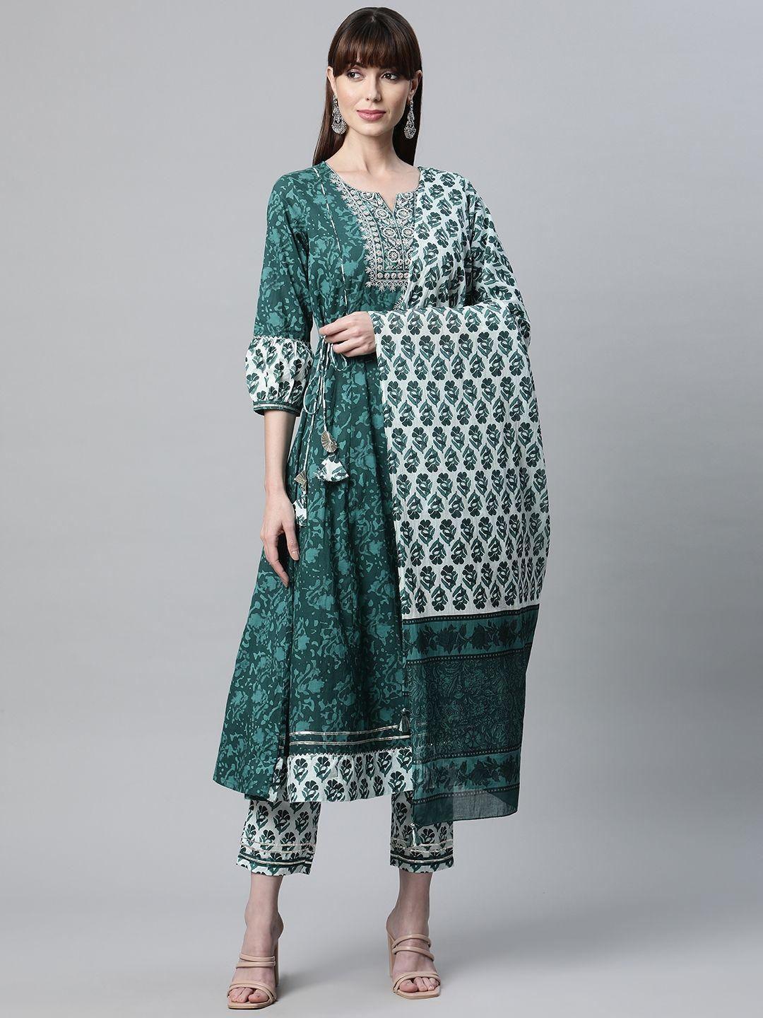 readiprint fashions women teal floral printed panelled thread work pure cotton kurta with palazzos & with