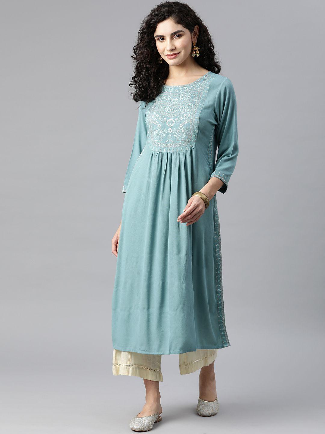 readiprint fashions women teal floral yoke design kurta