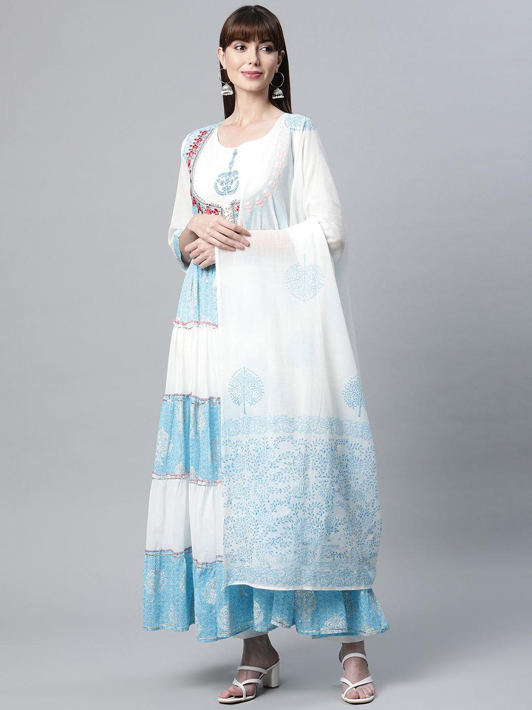 readiprint fashions women white & blue floral embroidered anarkali kurta