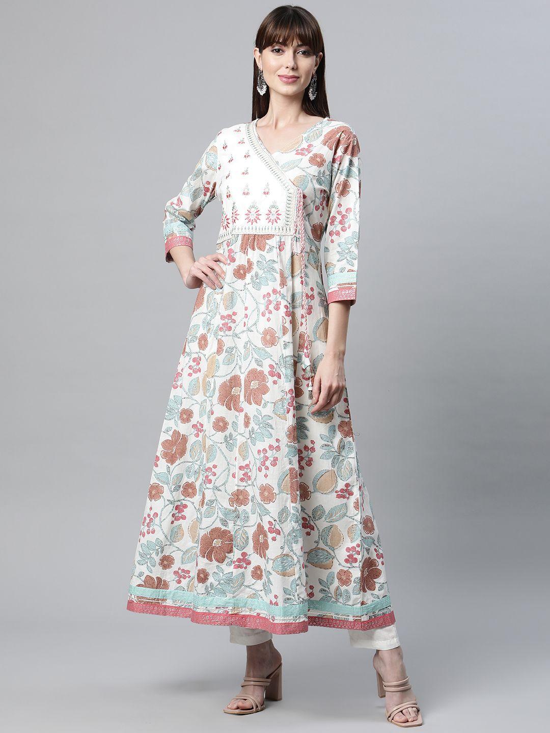 readiprint fashions women white & blue floral printed floral cotton anarkali kurta
