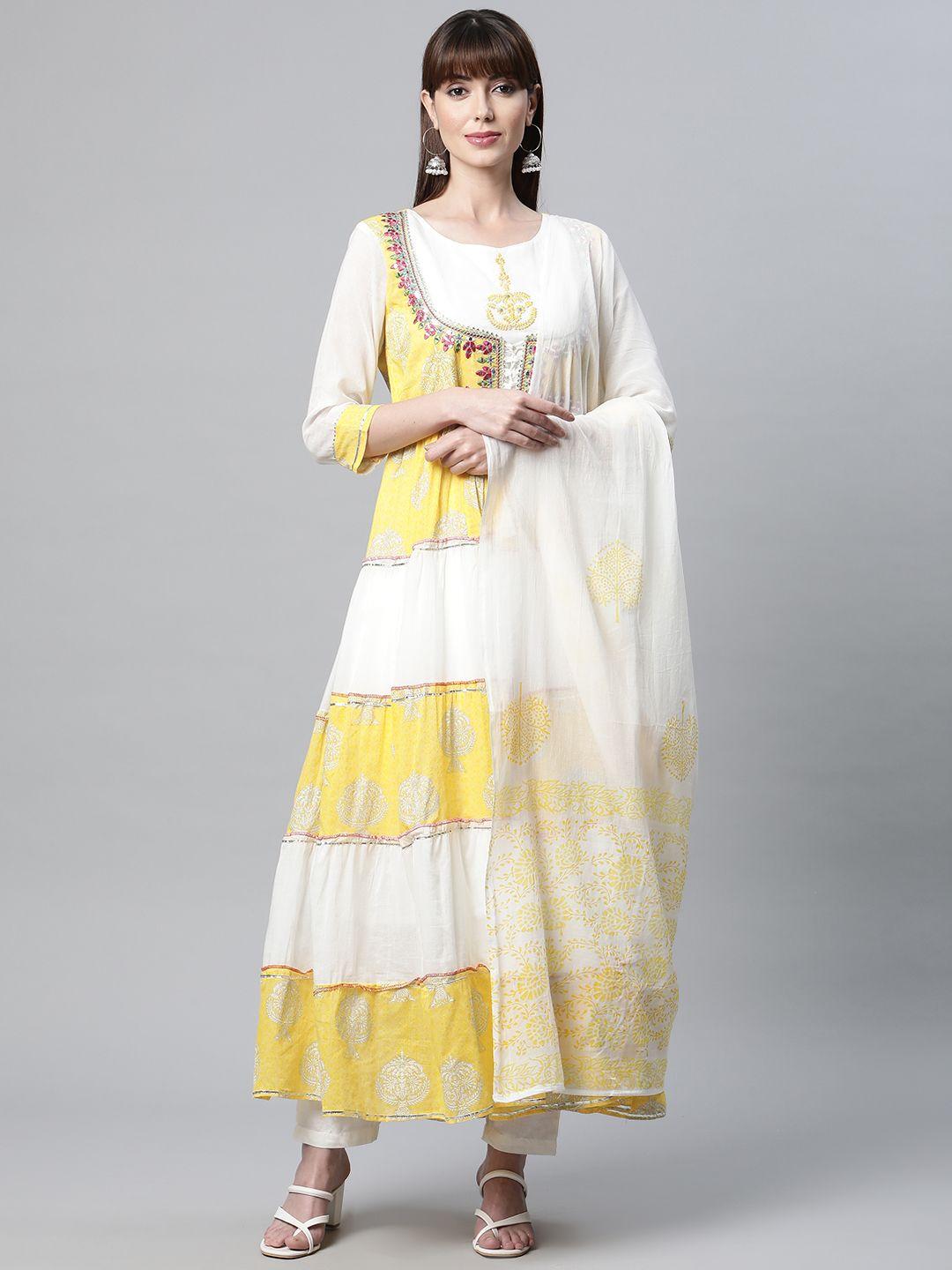 readiprint fashions women white & yellow floral embroidered gotta patti anarkali kurta