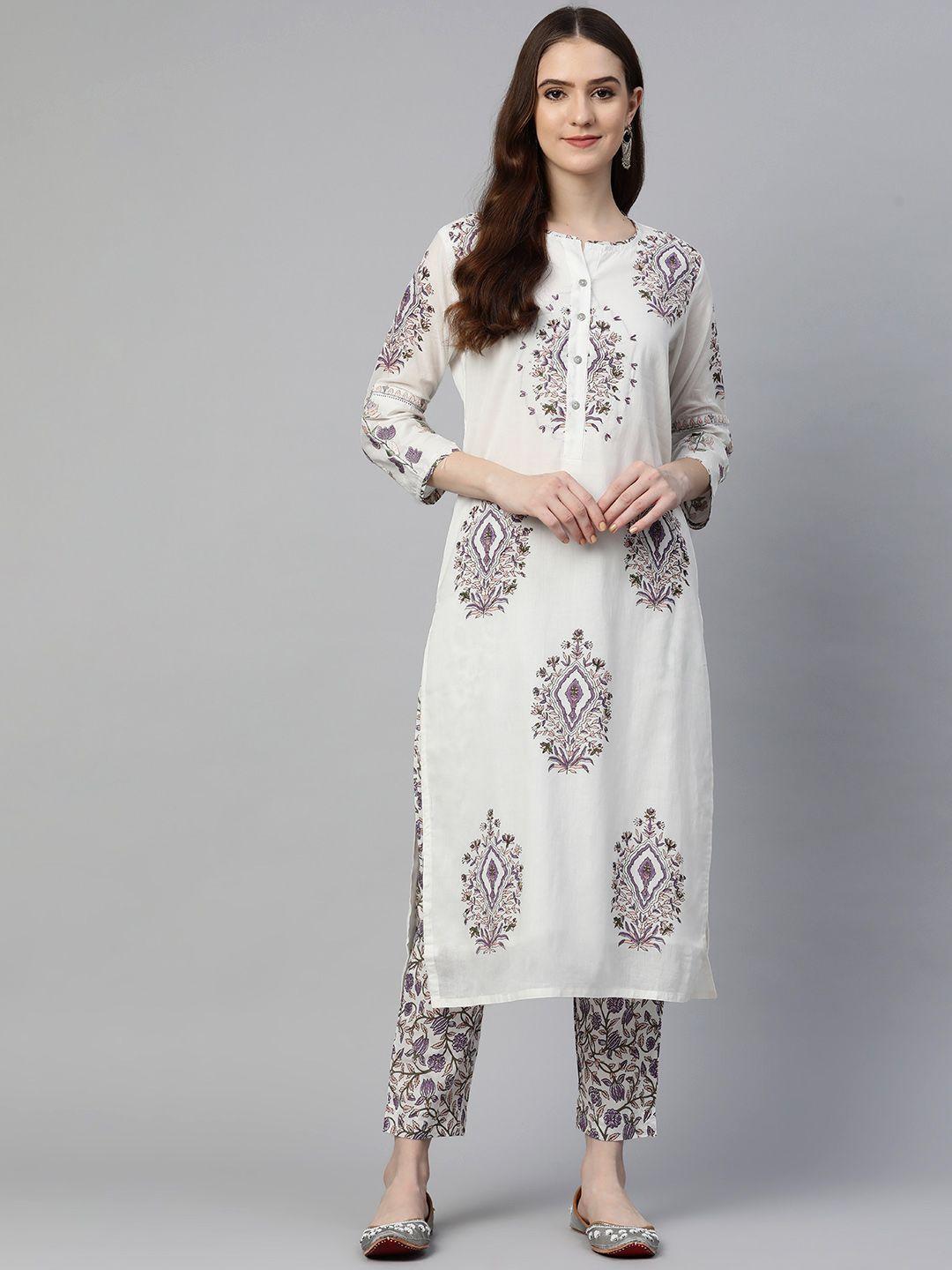 readiprint fashions women white ethnic motifs printed thread work pure cotton kurta with trousers