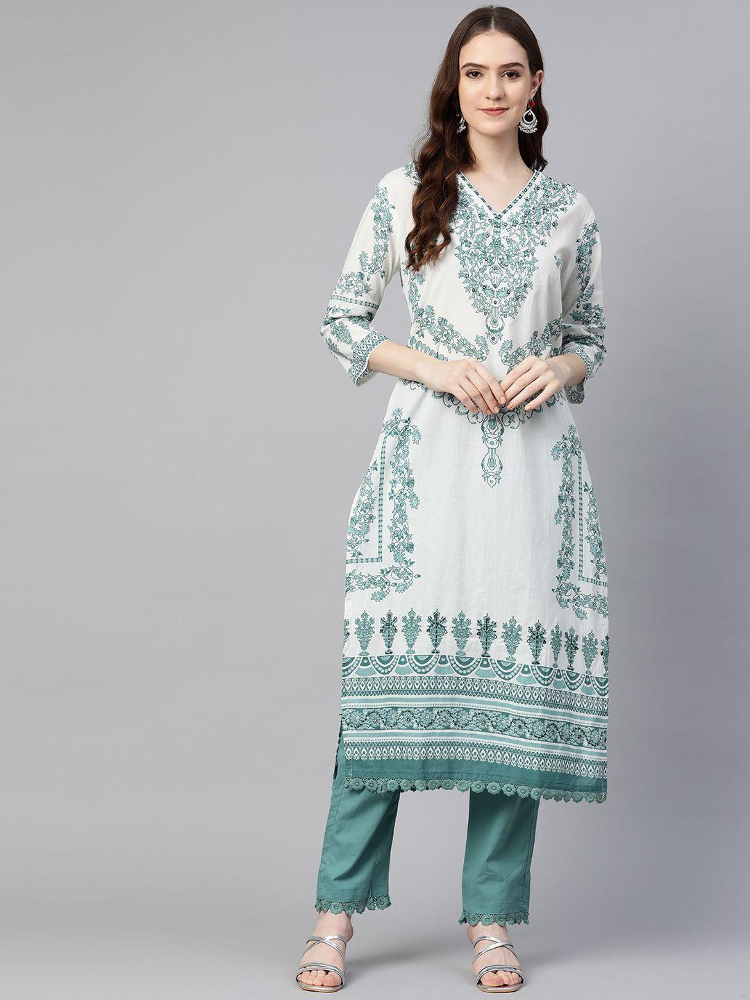 readiprint fashions women white floral printed mirror work pure cotton kurta with trousers