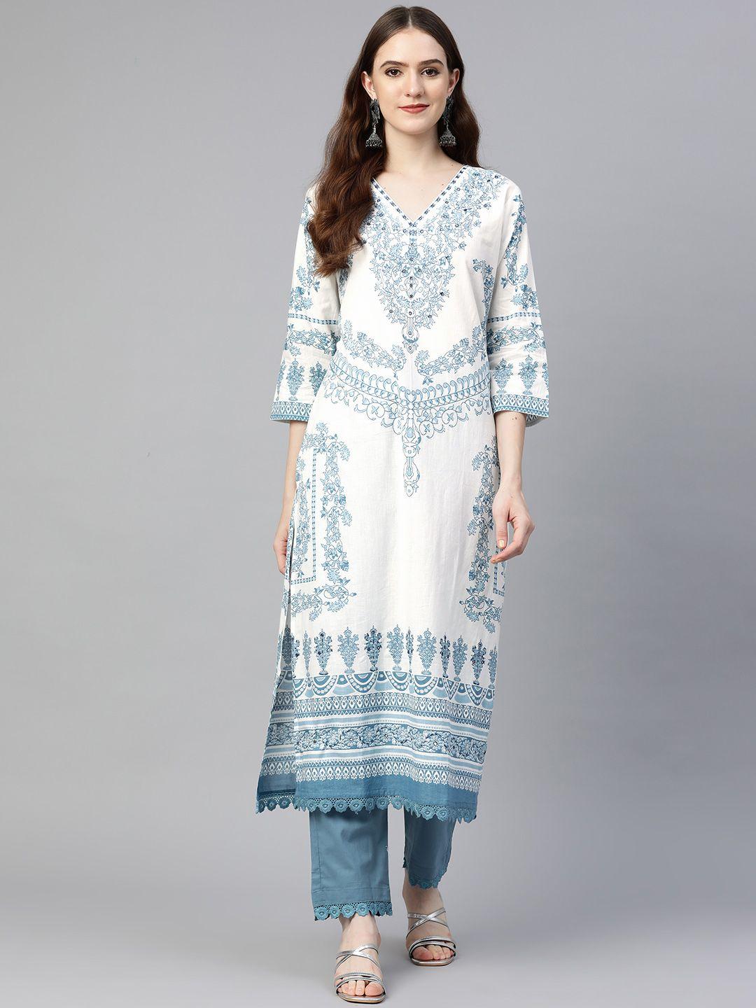 readiprint fashions women white floral printed mirror work pure cotton kurta with trousers