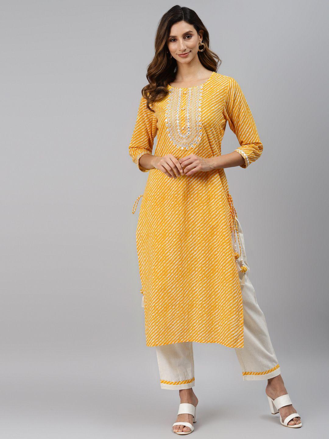 readiprint fashions women yellow & off white leheriya print regular kurta with trousers