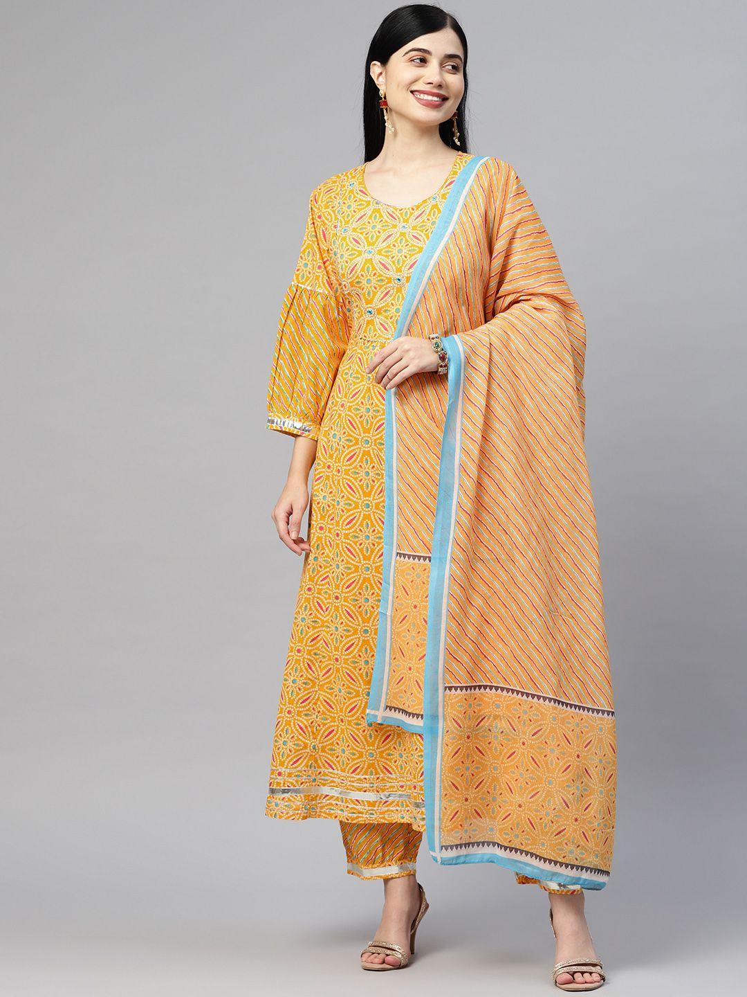 readiprint fashions women yellow bandhani printed gotta patti cotton kurta with palazzos