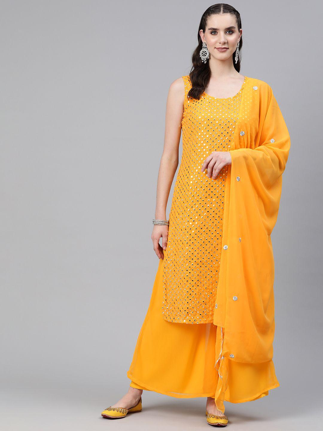 readiprint fashions women yellow embroidered regular mirror work kurta with palazzos & with dupatta