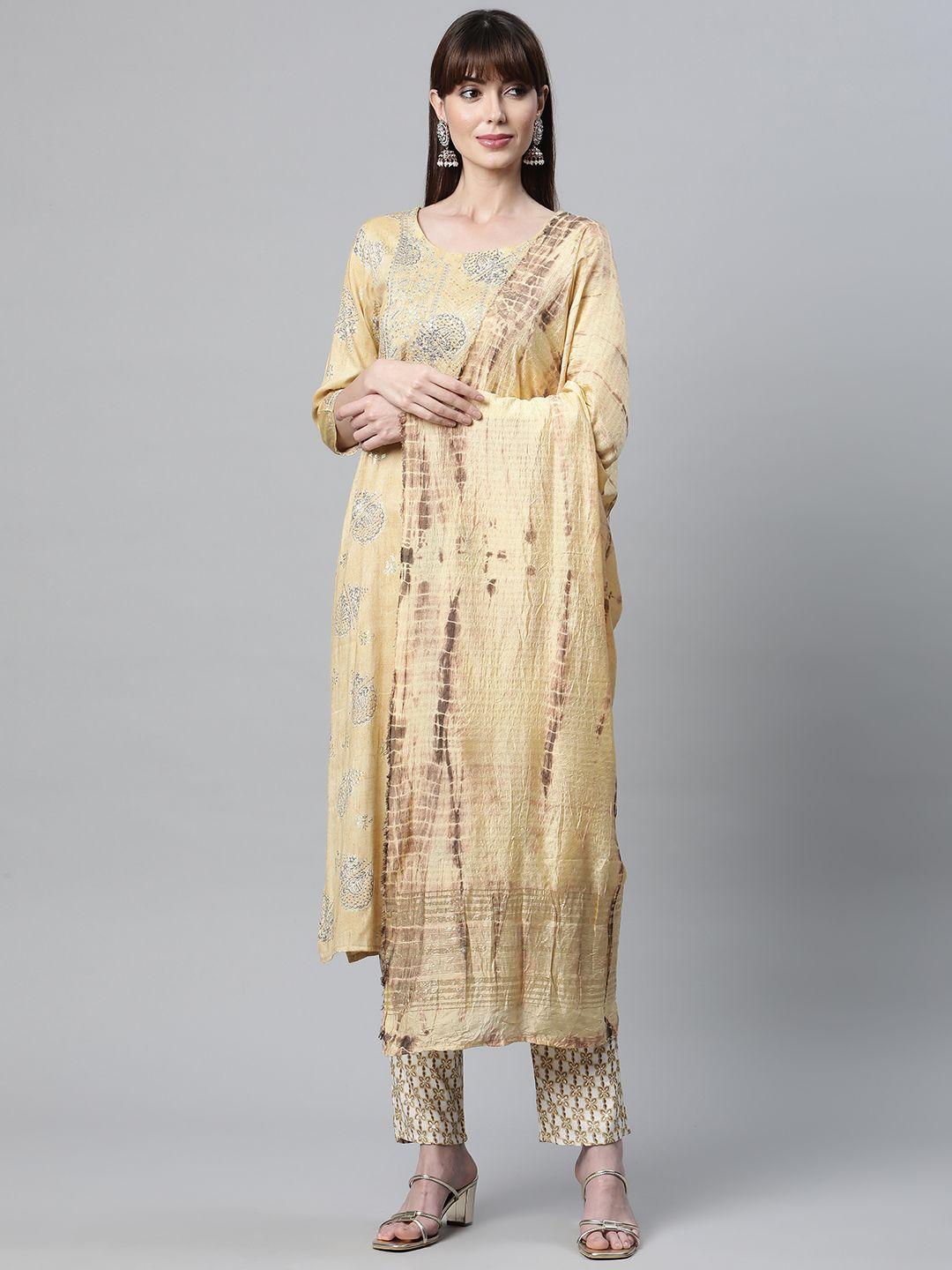 readiprint fashions women yellow ethnic motifs printed gotta patti kurta with palazzos & with dupatta