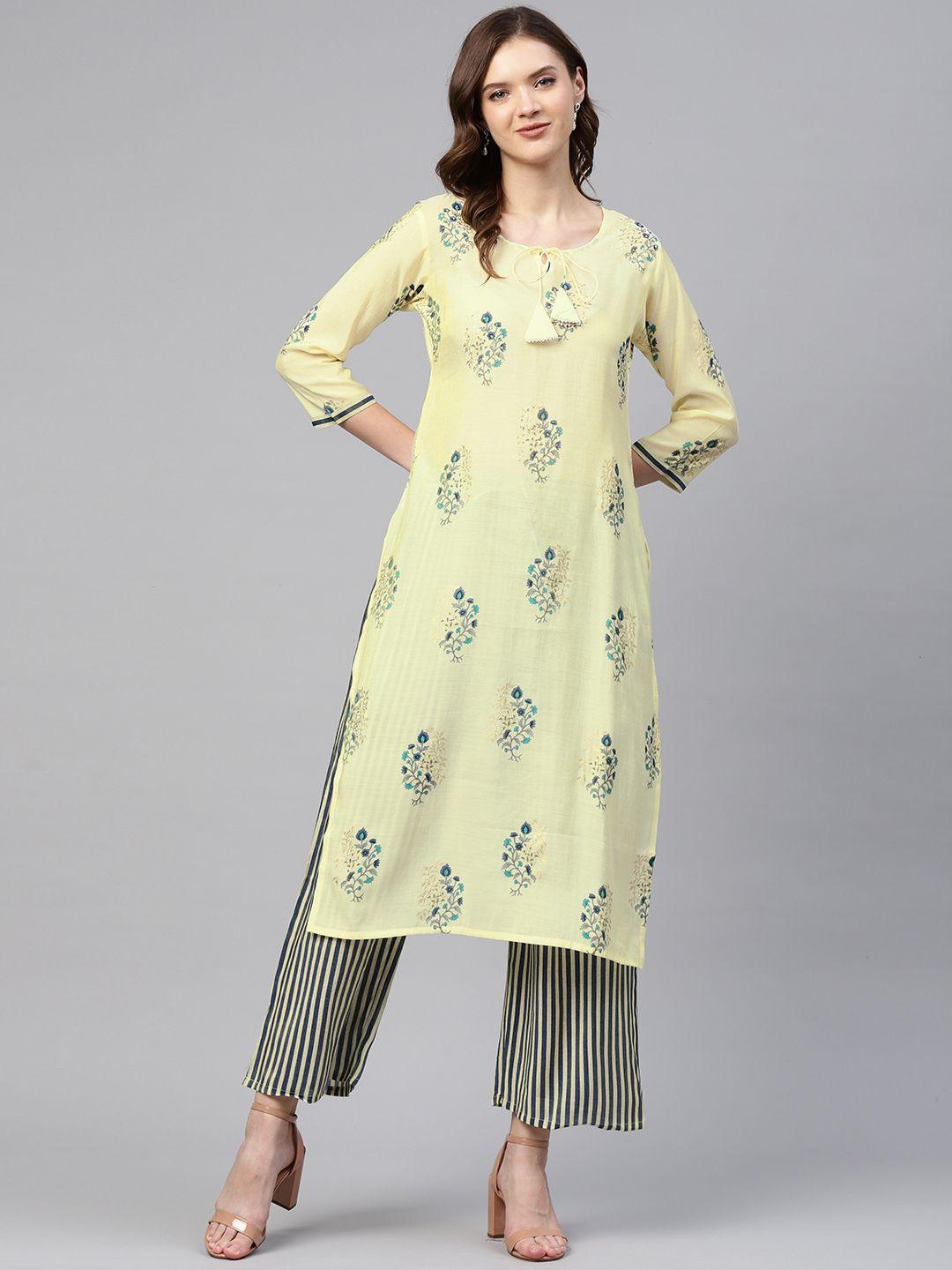 readiprint fashions women yellow floral print sequinned straight kurta & palazzos