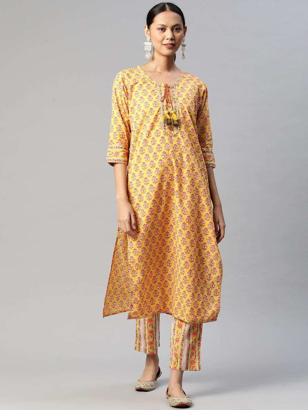 readiprint fashions women yellow floral printed gotta patti pure cotton kurta with palazzos