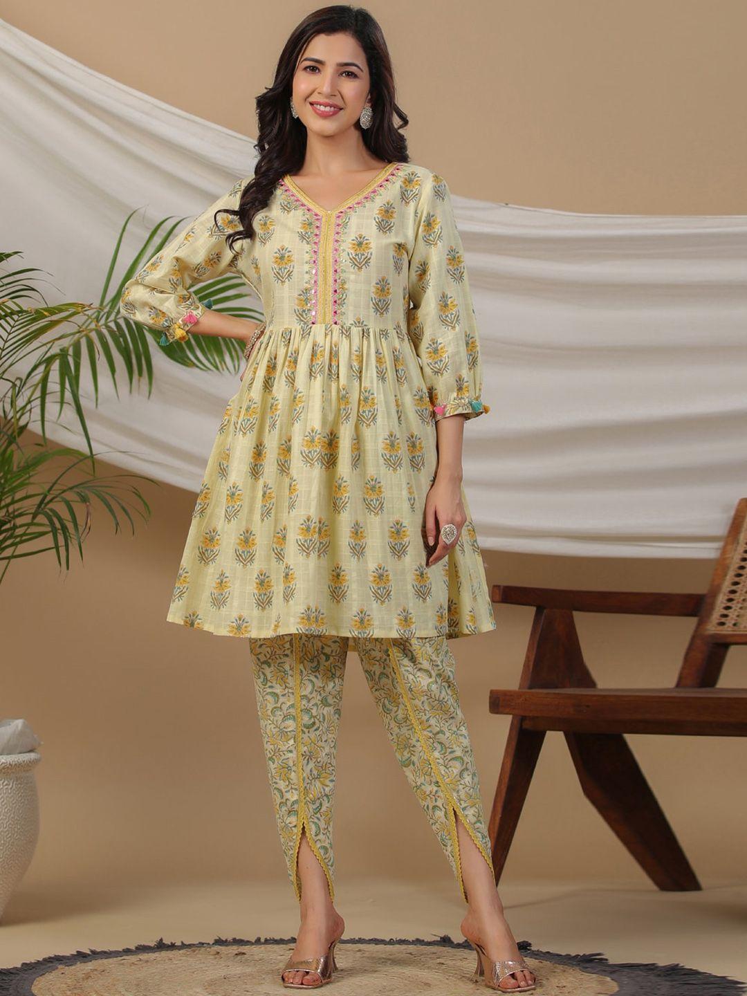 readiprint fashions women yellow floral printed regular mirror work pure cotton kurti with dhoti pants