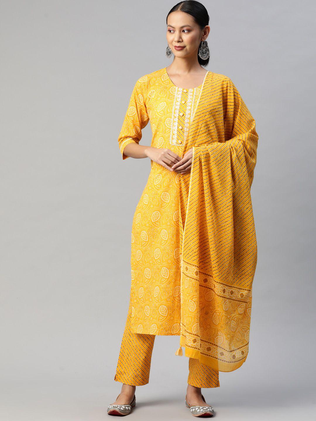 readiprint fashions women yellow floral printed thread work pure cotton kurta with palazzos & with dupatta