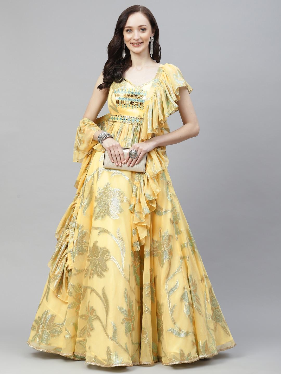 readiprint fashions women yellow woven design mirror work lehenga & blouse with dupatta
