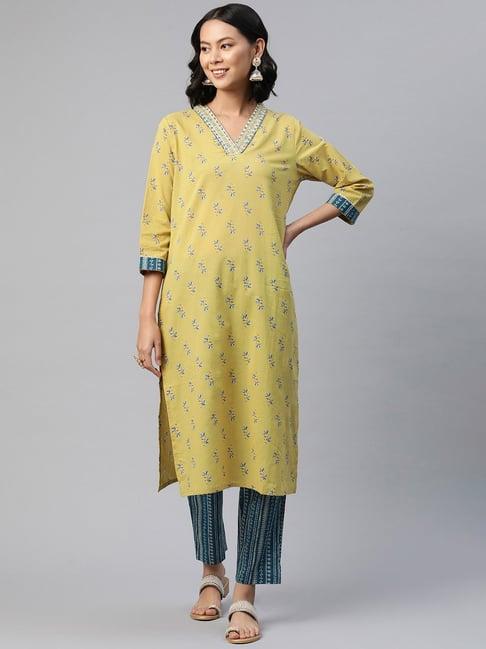 readiprint fashions yellow & blue cotton floral print kurta pant set