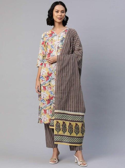 readiprint fashions yellow & brown cotton floral print kurta pant set with dupatta