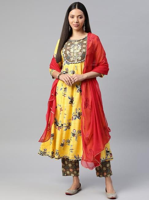 readiprint fashions yellow & brown floral print kurta pant set with dupatta