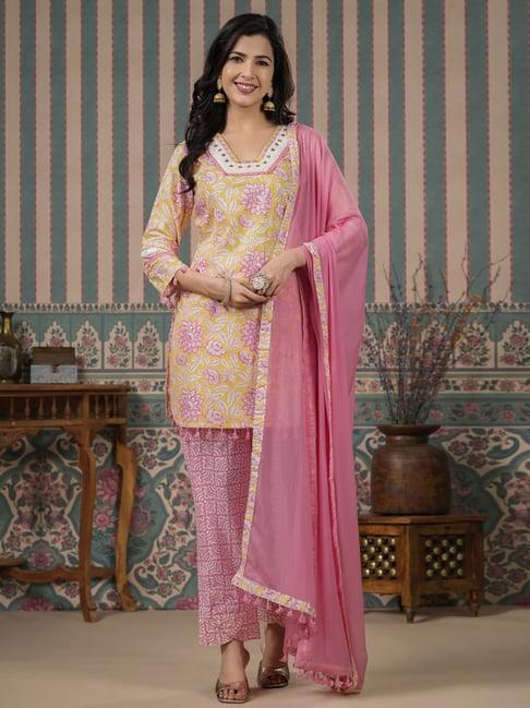 readiprint fashions yellow & pink cotton floral print kurti pant set with dupatta