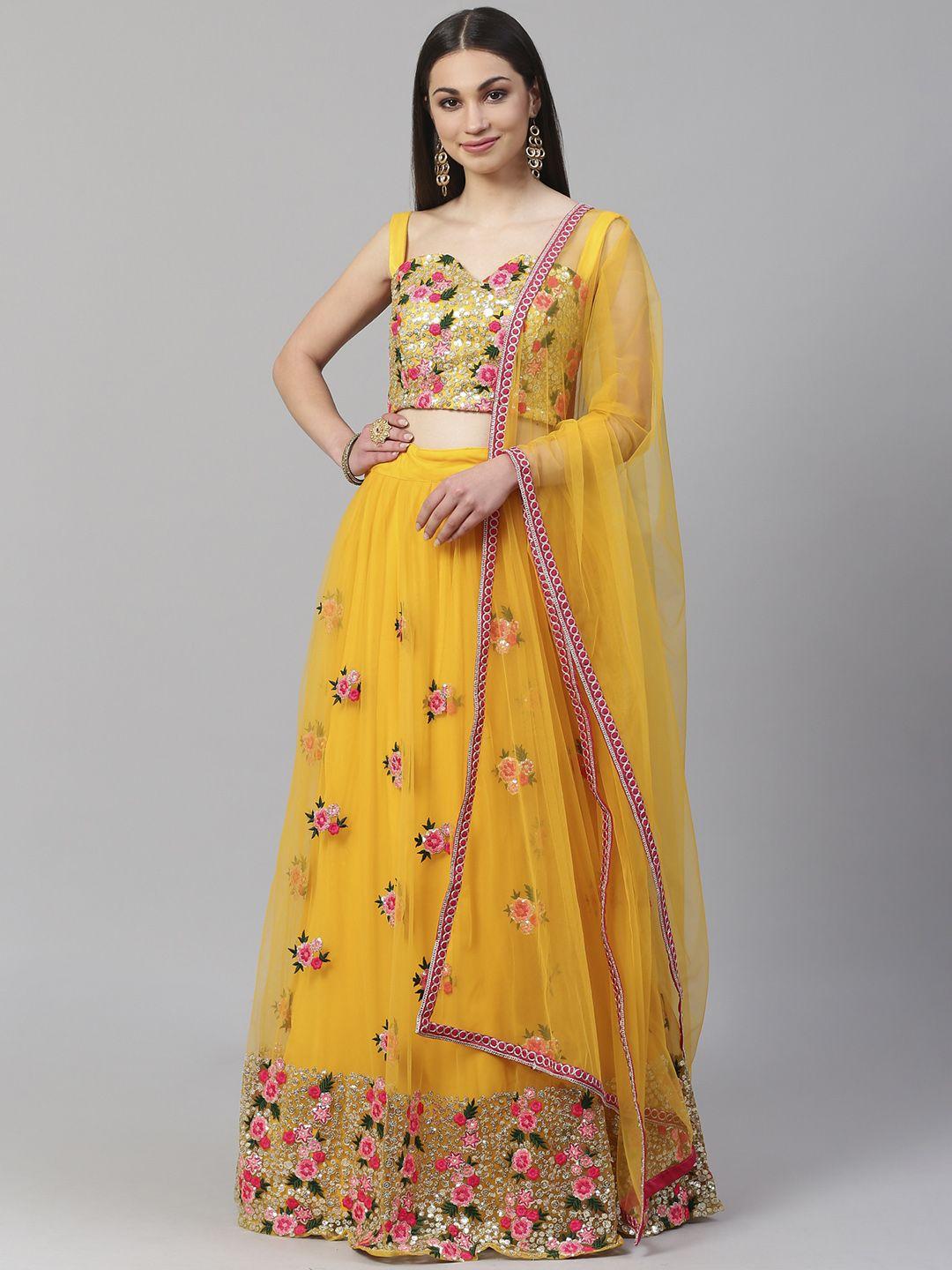 readiprint fashions yellow & pink embroidered semi-stitched lehenga & unstitched blouse with dupatta