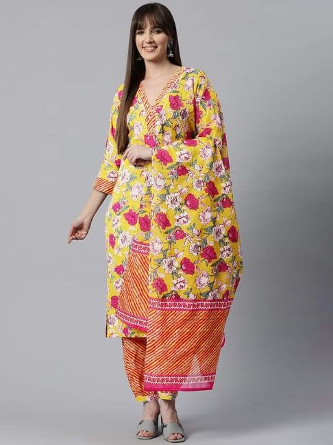 readiprint fashions yellow & red cotton floral print kurta salwaar set with dupatta