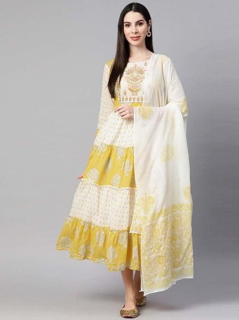 readiprint fashions yellow & white cotton embroidered a-line dress with dupatta