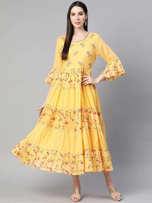readiprint fashions yellow cotton embroidered a-line dress