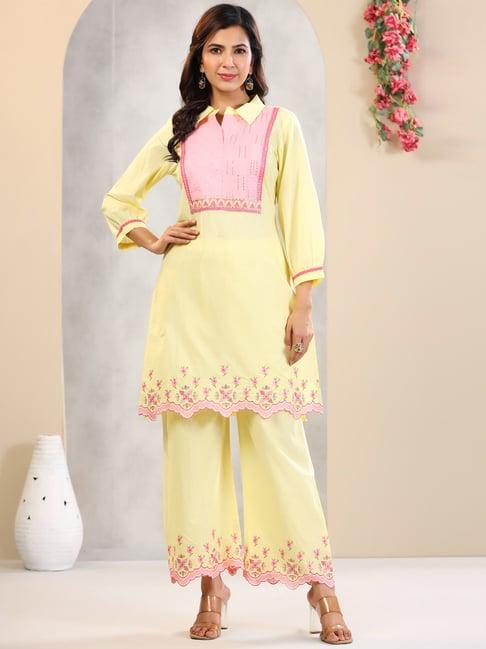 readiprint fashions yellow cotton embroidered kurti palazzo set