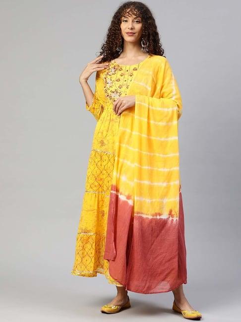 readiprint fashions yellow cotton embroidered maxi gown with dupatta