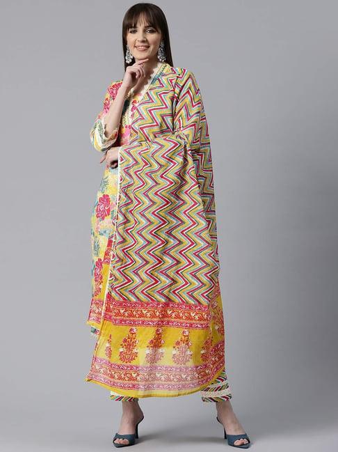 readiprint fashions yellow cotton floral print kurta pant set with dupatta