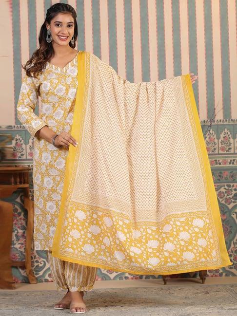 readiprint fashions yellow cotton floral print kurta salwaar set with dupatta