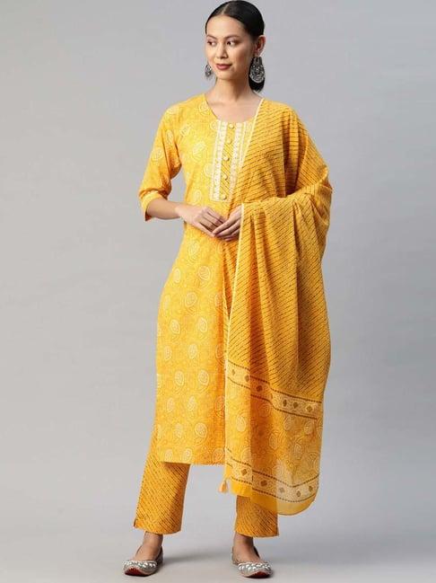 readiprint fashions yellow cotton printed kurta pant set with dupatta