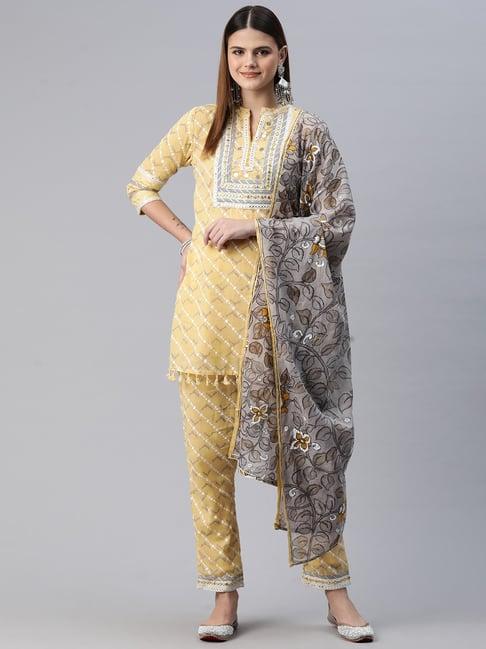 readiprint fashions yellow cotton printed kurti pant set with dupatta