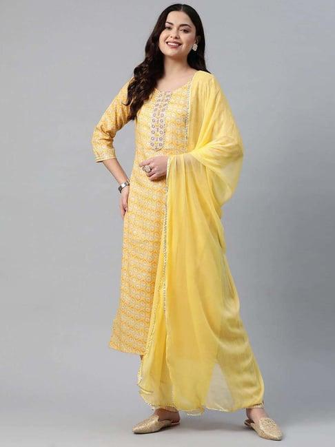 readiprint fashions yellow embroidered kurta pant set with dupatta