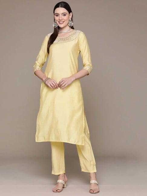 readiprint fashions yellow embroidered kurta pant set