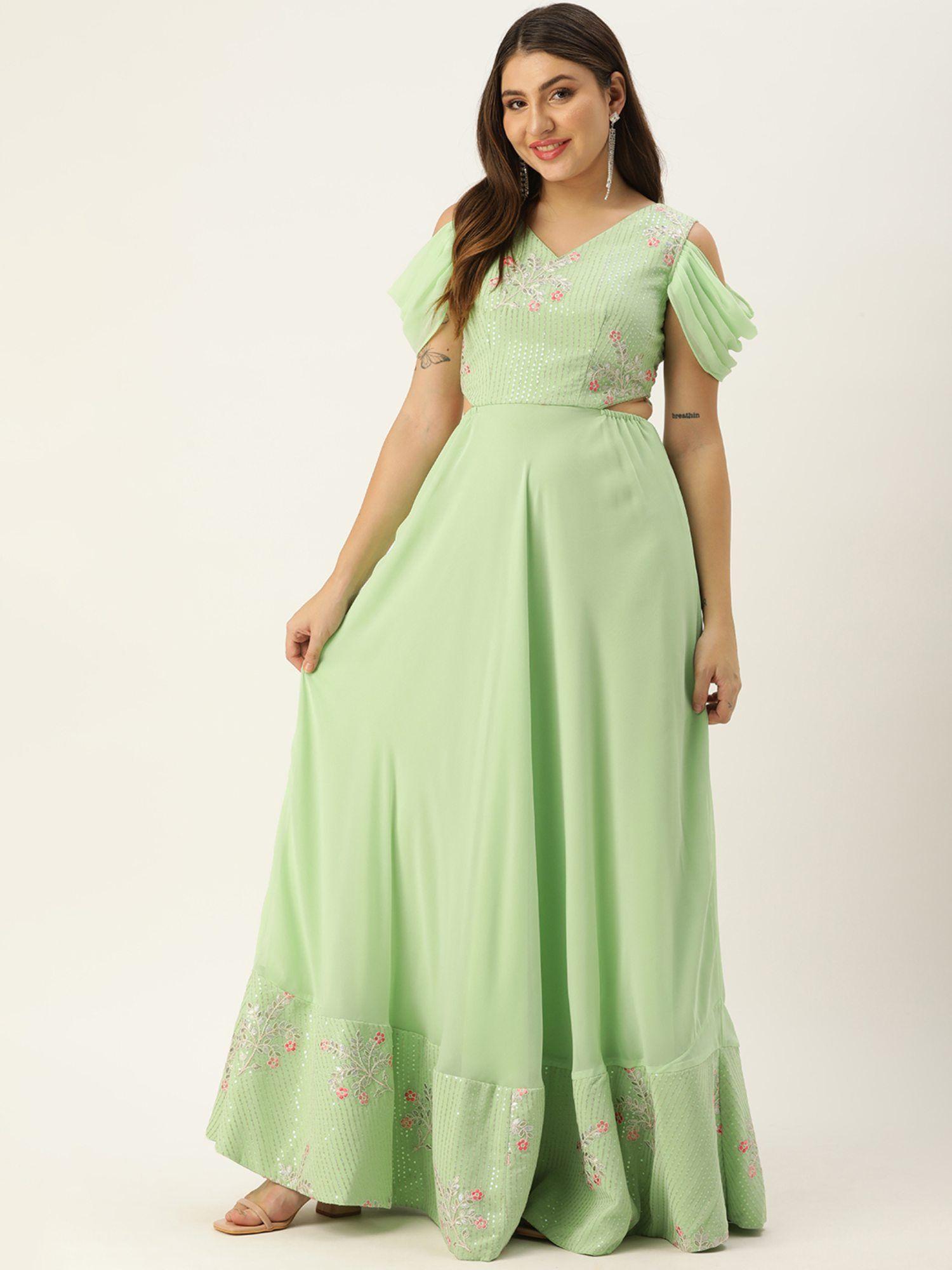 ready to wear green embroidered georgette gown with keyhole