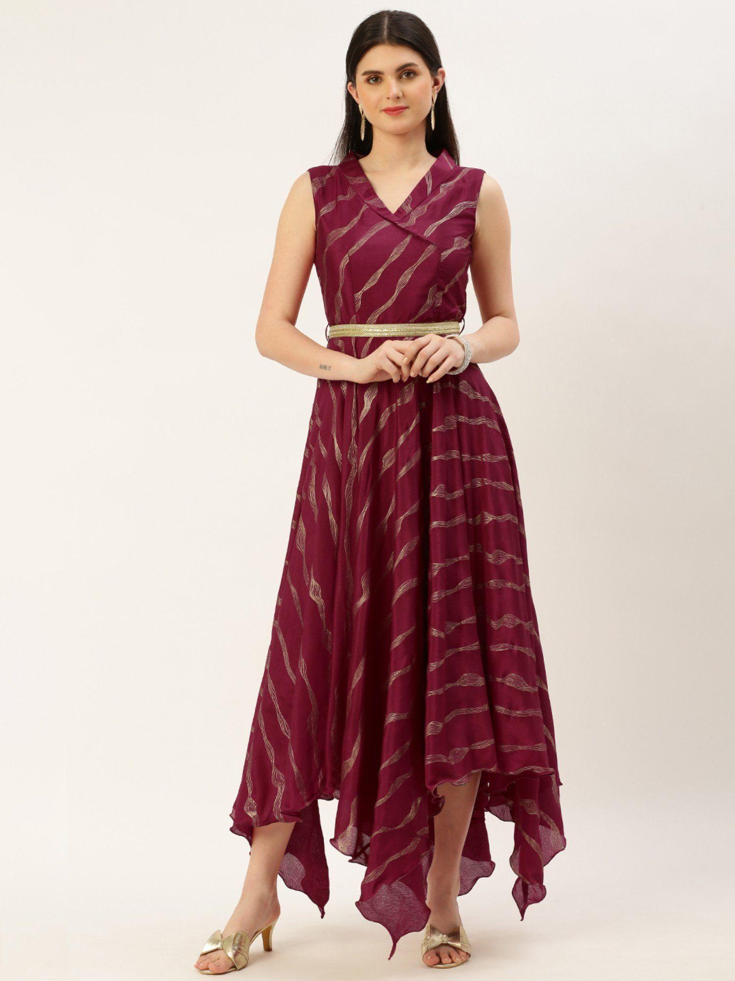 ready to wear wine foil printed chinon maxi dress (set of 2)