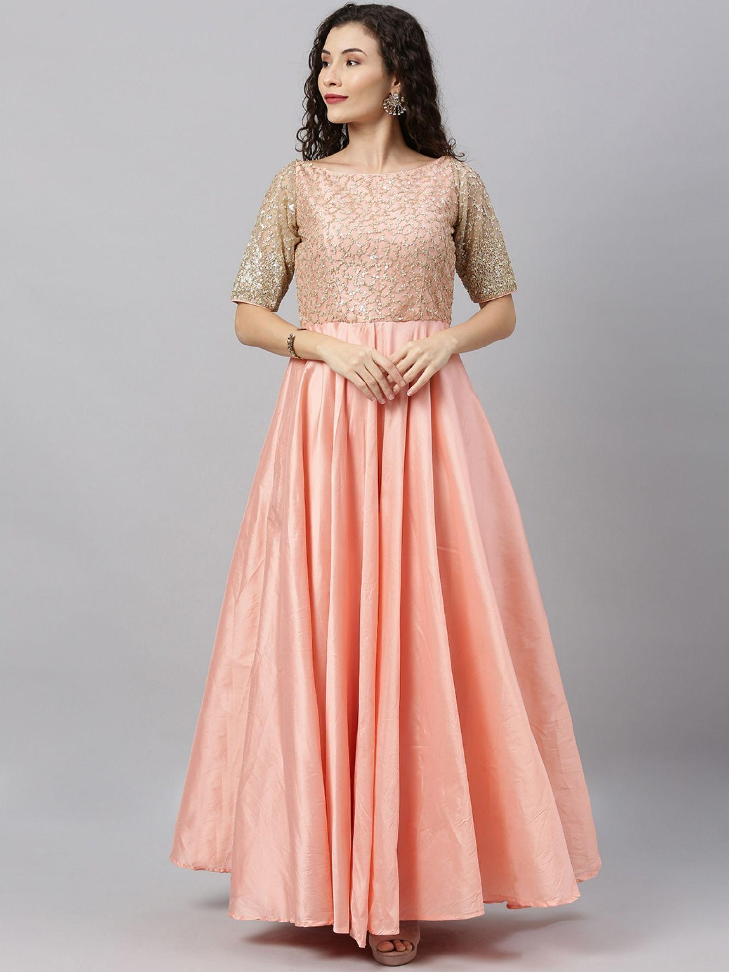 ready to wear beige and peach contrast embroidered gown