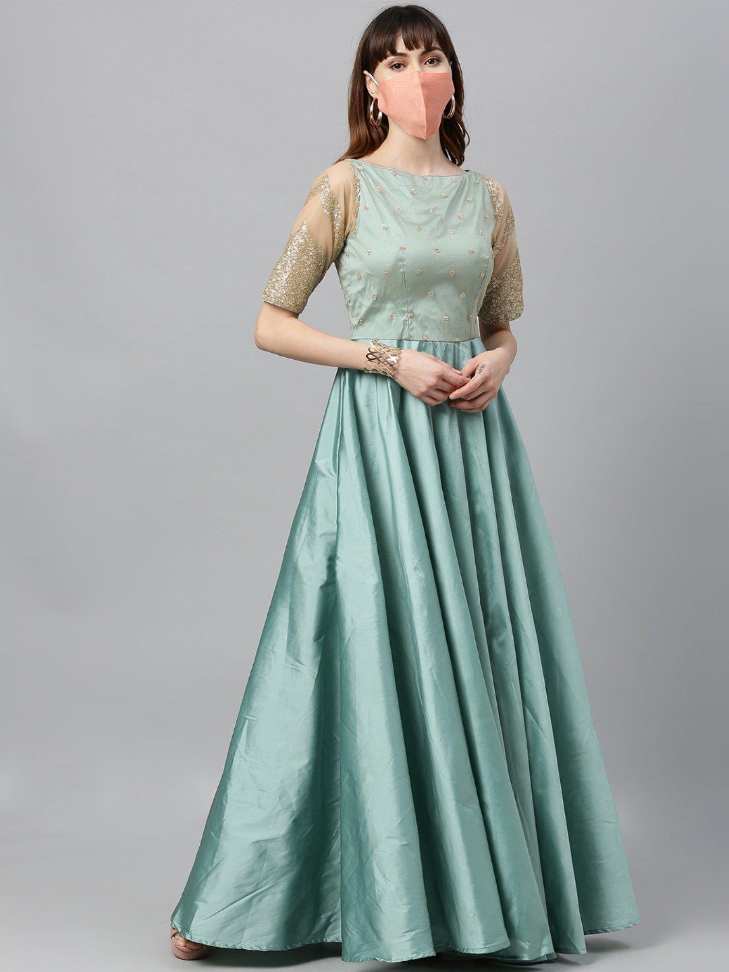 ready to wear beige and wasabi green contrast embroidered gown