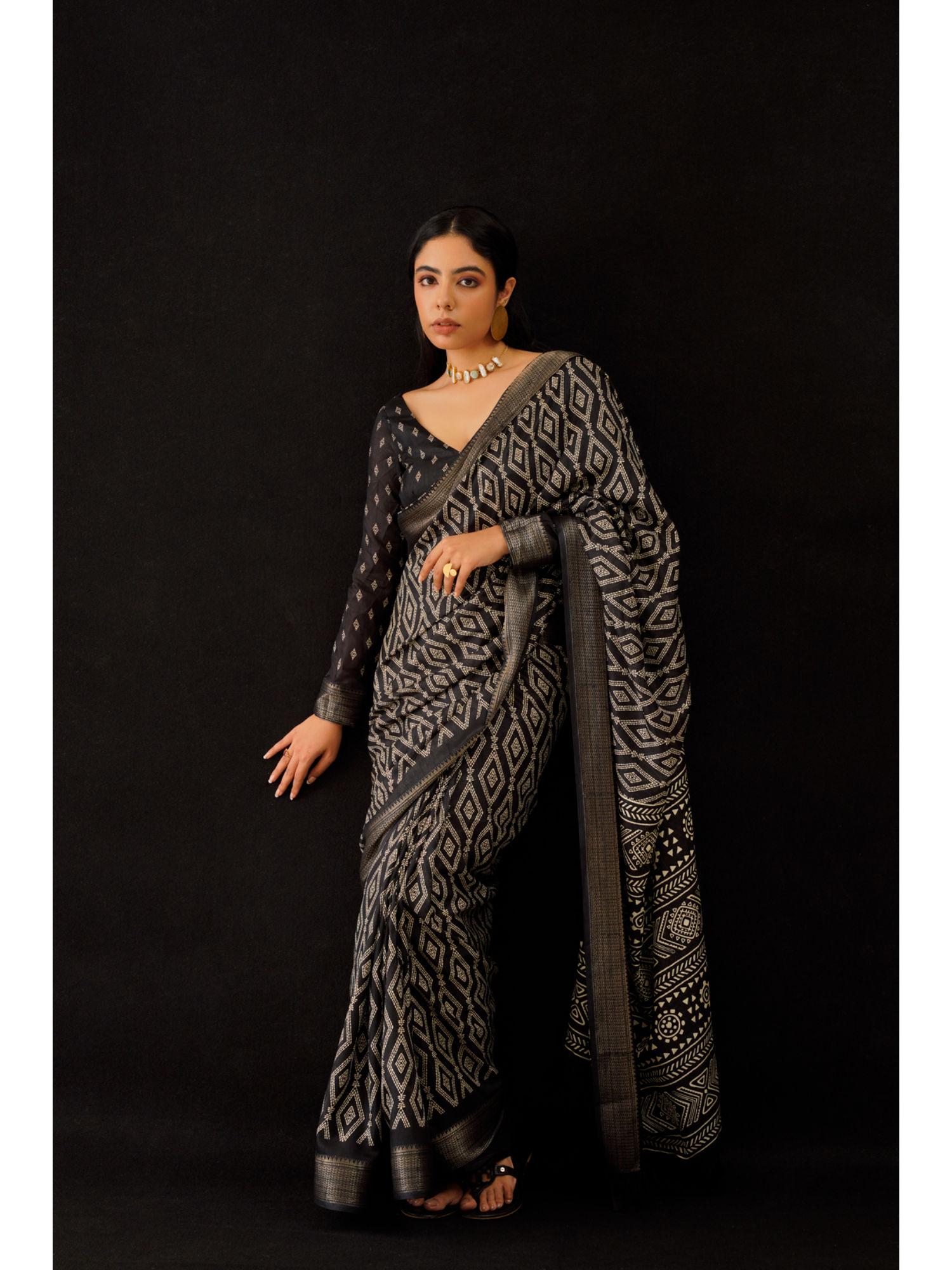 ready to wear black ajarakh block printed saree with unstitched blouse