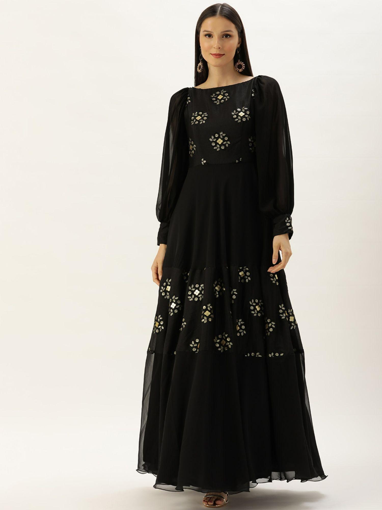 ready to wear black chinnon embroidered and sequins gown