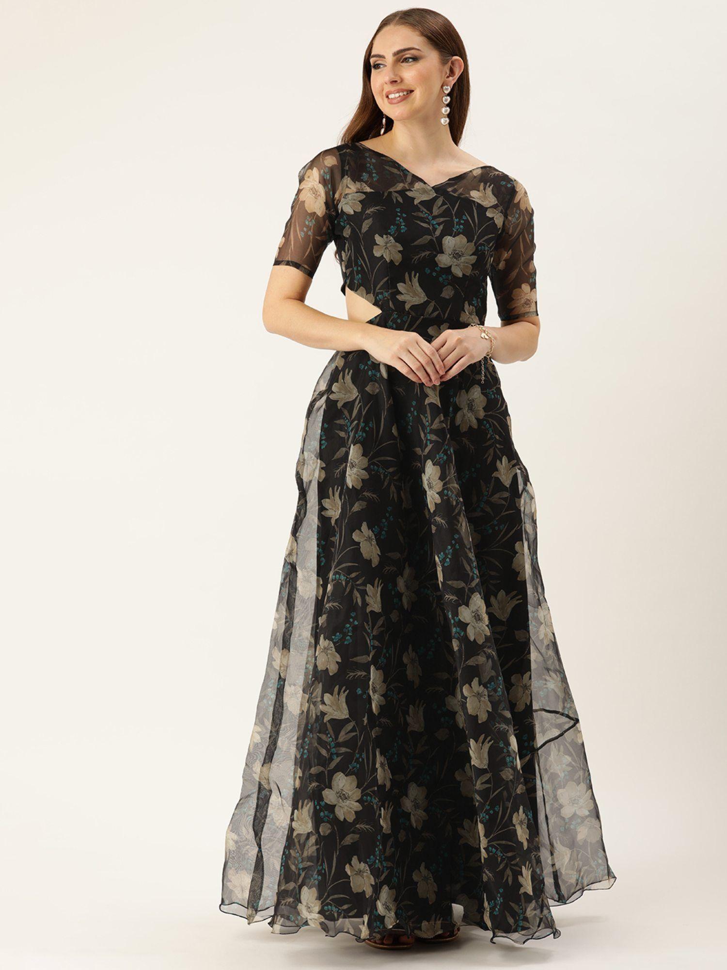 ready to wear black digital printed organza gown