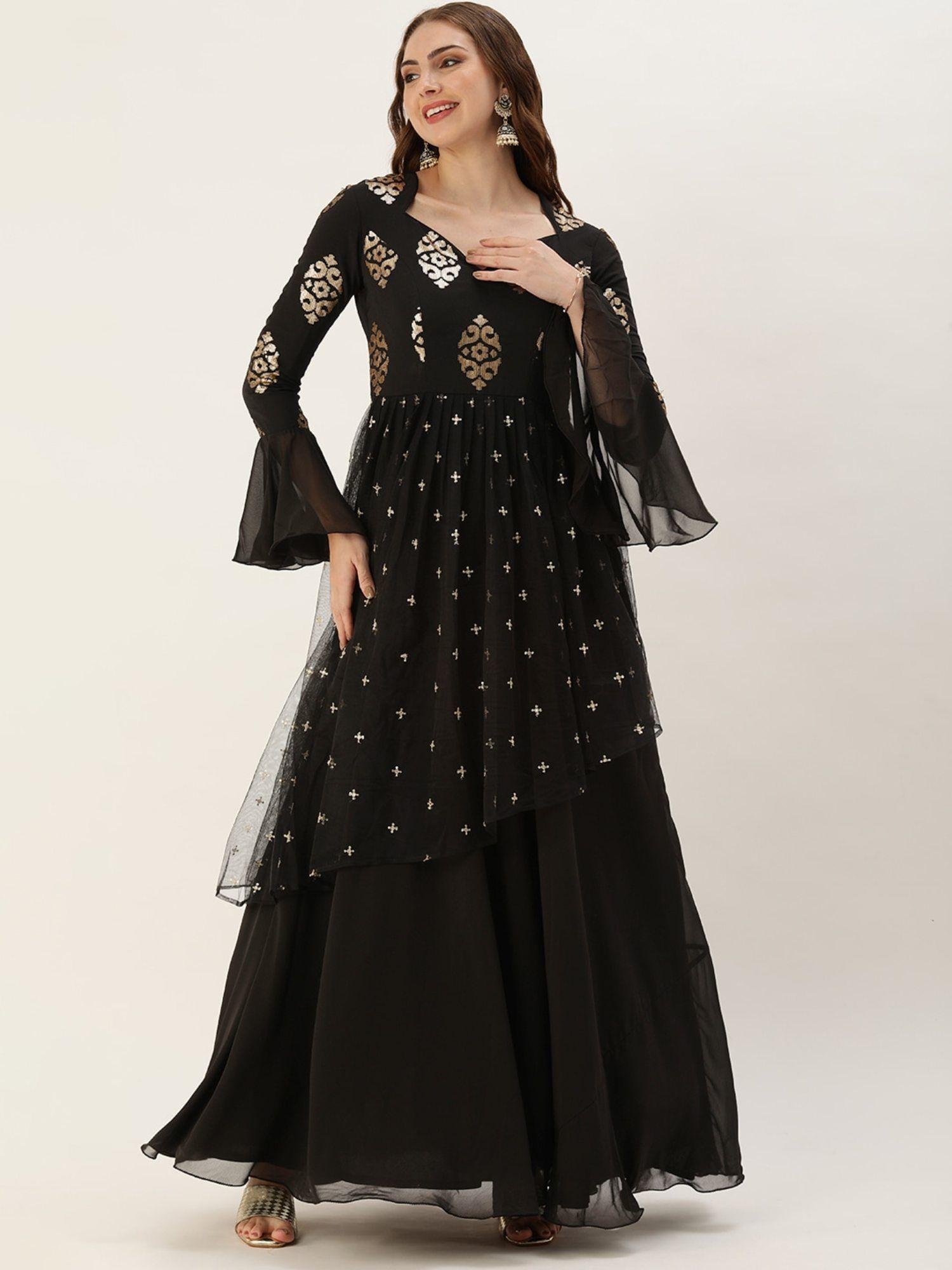 ready to wear black embroidered georgette gown