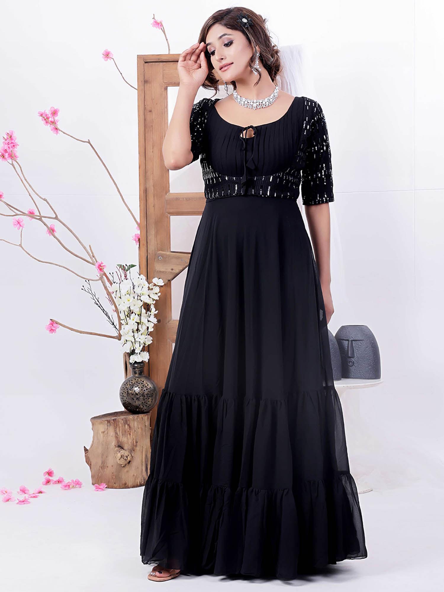 ready to wear black embroidered georgette jacket & gown (set of 2)