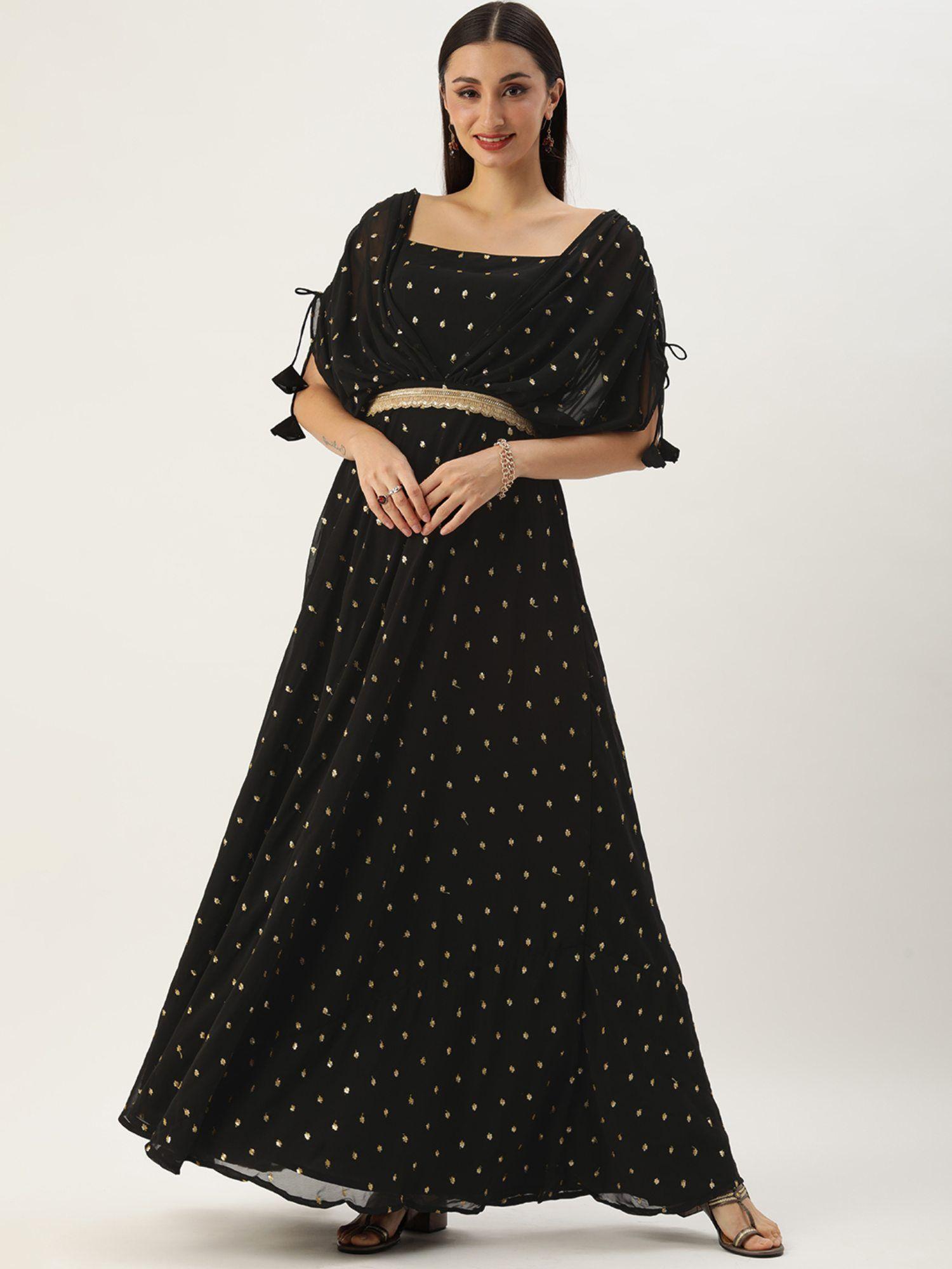 ready to wear black georgette embroidered overlap draped gown