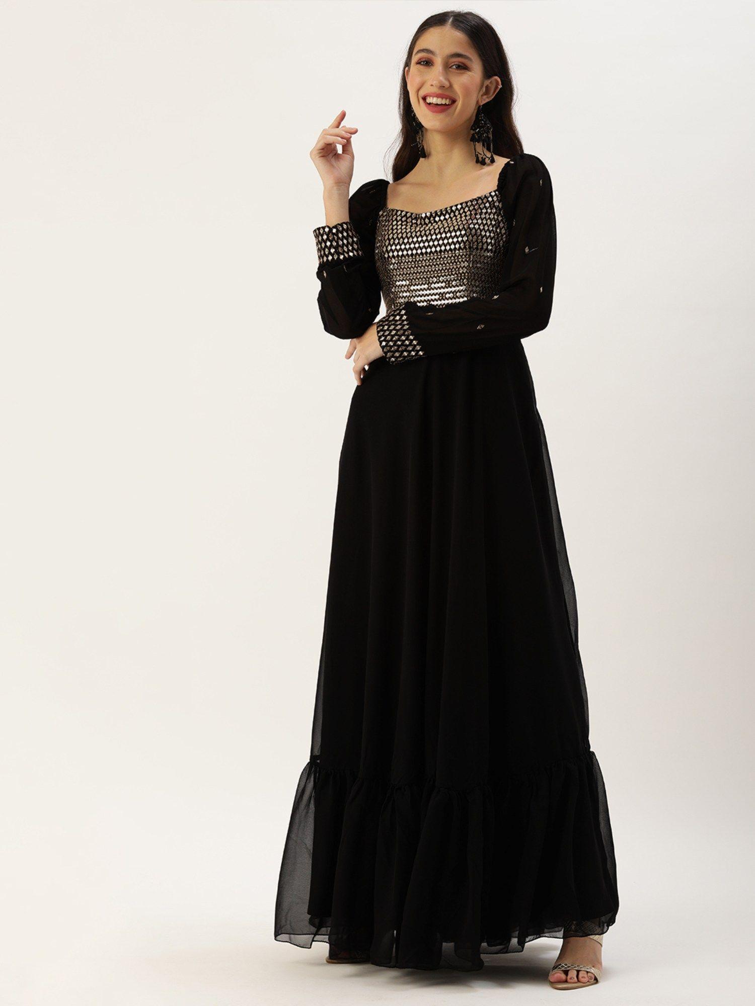 ready to wear black georgette mirror embroidery gown