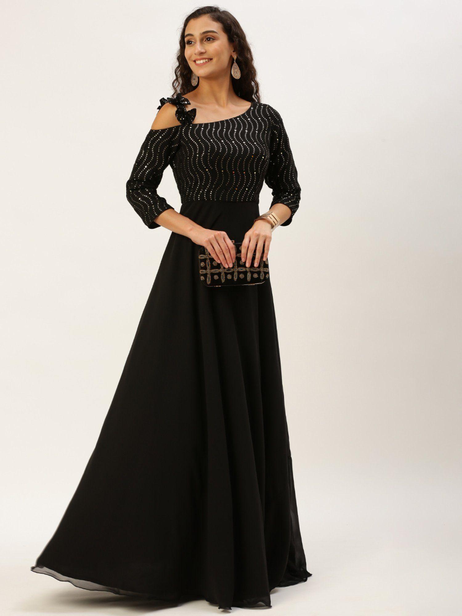 ready to wear black georgette sequins one shoulder style gown