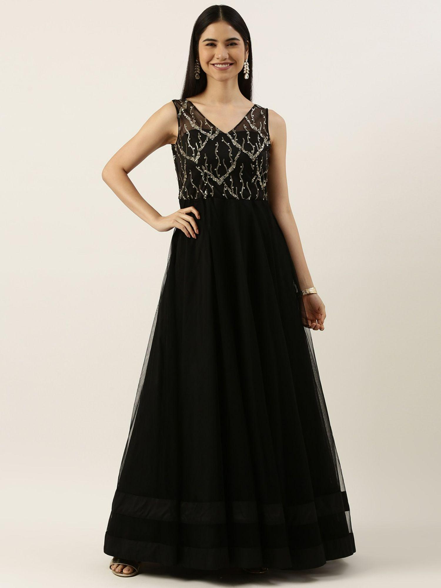 ready to wear black net sequins embroidery gown
