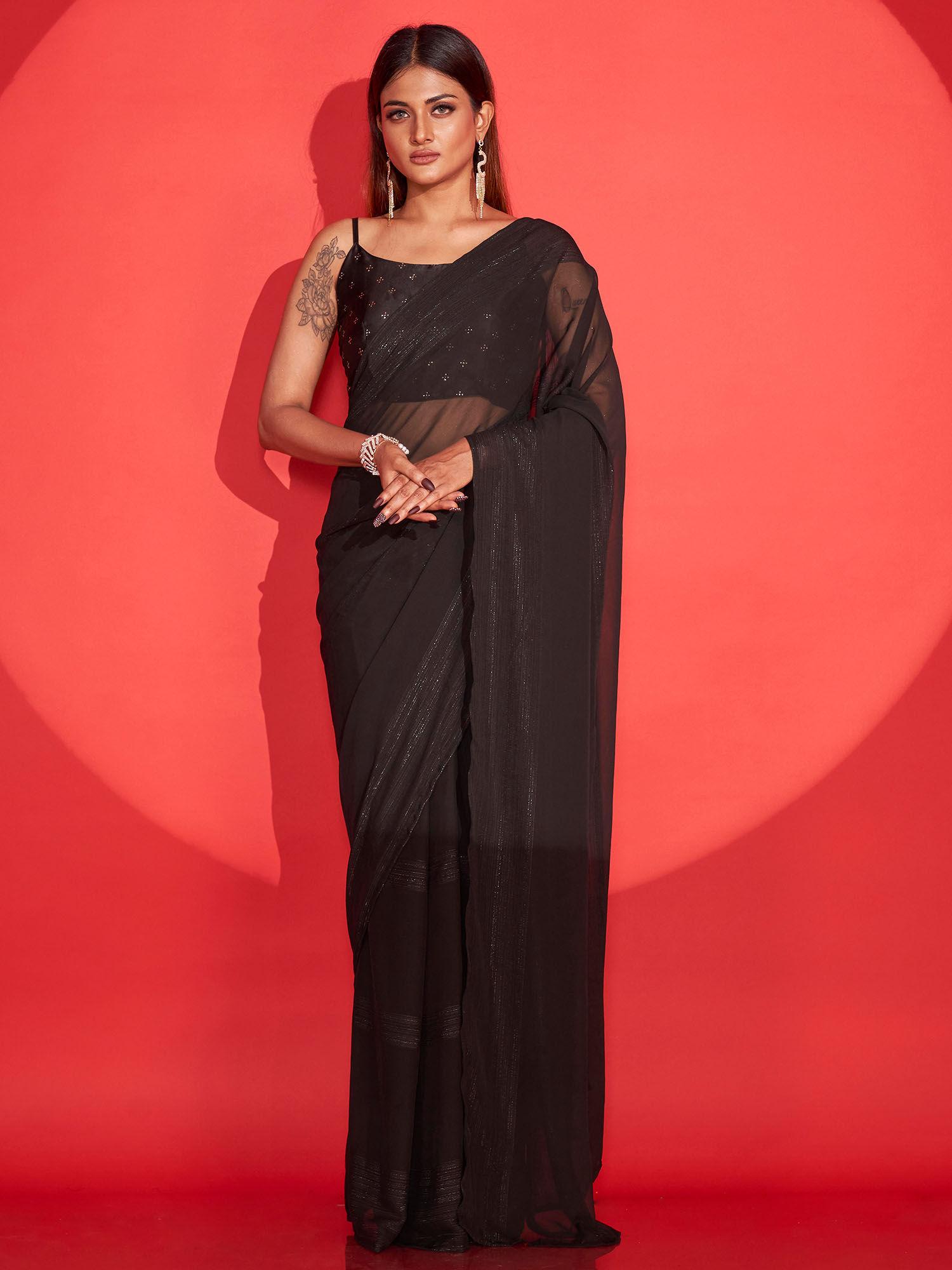 ready to wear black striped georgette saree with unstitched blouse